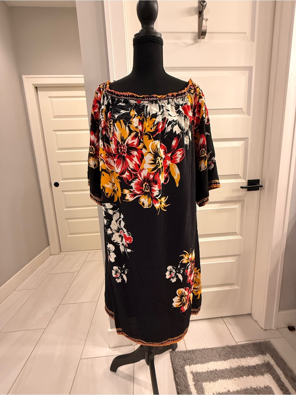 Black Floral Off-Shoulder Midi Dress with Yellow & Red Blooms